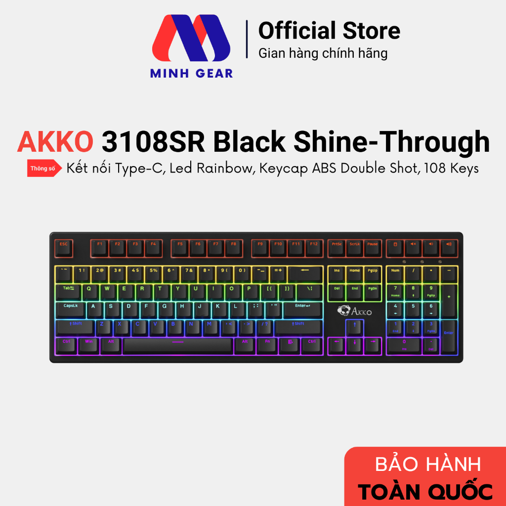 Bàn Phím Cơ AKKO 3108 SR Black Shine Through - Hàng Chính Hãng