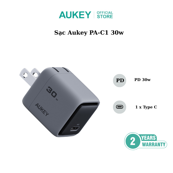 Củ Sạc Aukey AUKEY PA-C1 Công Suất 30W, Phích Cắm US, màu xám - Hàng Chính Hãng