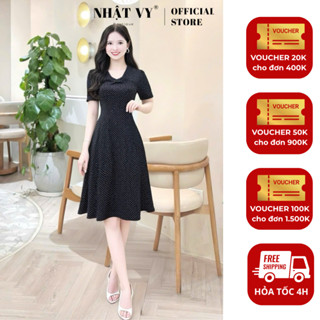    Đầm nữ Nhật Vy cổ vuông chấm bi tay ngắn dáng xoè bigsize chất lụa công sở dự tiệc màu đen xanh - D3435 