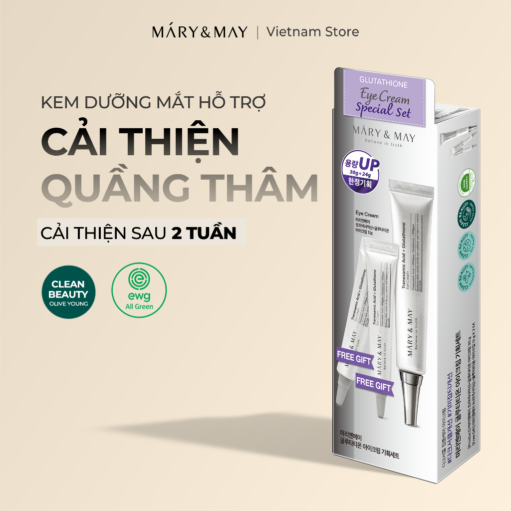 Set Kem mắt cải thiện vùng da quanh mắt Mary&May Glutathione Eye Cream (30g+12gx2)