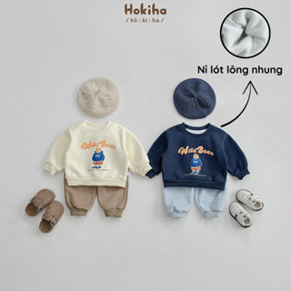 Bộ quần áo nỉ lót lông nhung hình gấu đáng yêu cho bé trai bé gái Hokiha vải nỉ mềm mại, ấm áp size 8-17kg B182