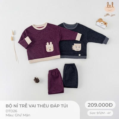 Bộ nỉ trễ vai thêu đáp túi dành cho bé Lil Little Love (DTD26)