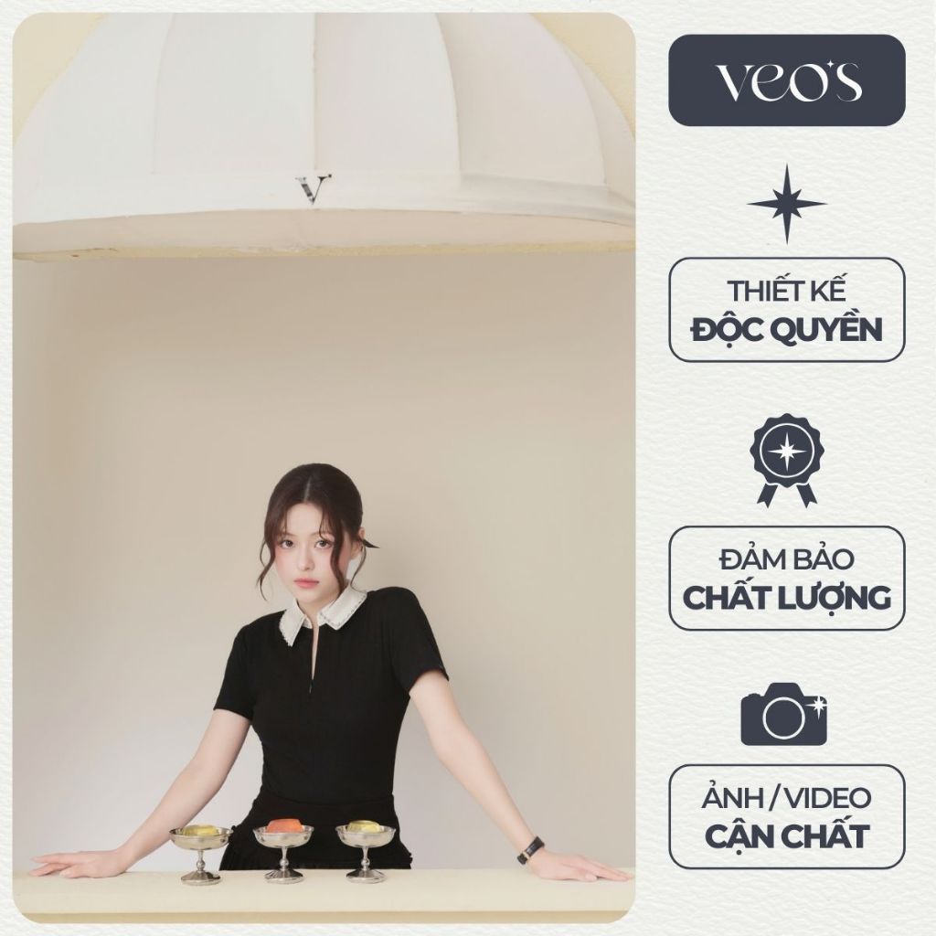 Áo Kiểu Nữ Cổ Đính Đá Cổ Polo Khoá Kéo Ẩn Thiết Kế Veos Màu Đen, Trắng & Chân Váy Xoè Xếp Ly - Melody Top & Skirt | BigBuy360 - bigbuy360.vn