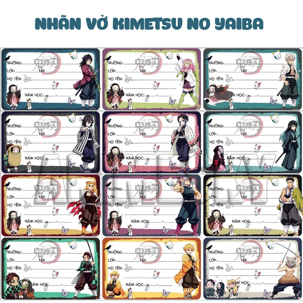 Nhãn vở Anime Kimetsu no Yaiba 1 bộ 12 mẫu độc đáo - nhãn vở Thanh Gươm Diệt Quỷ Demon Slayer