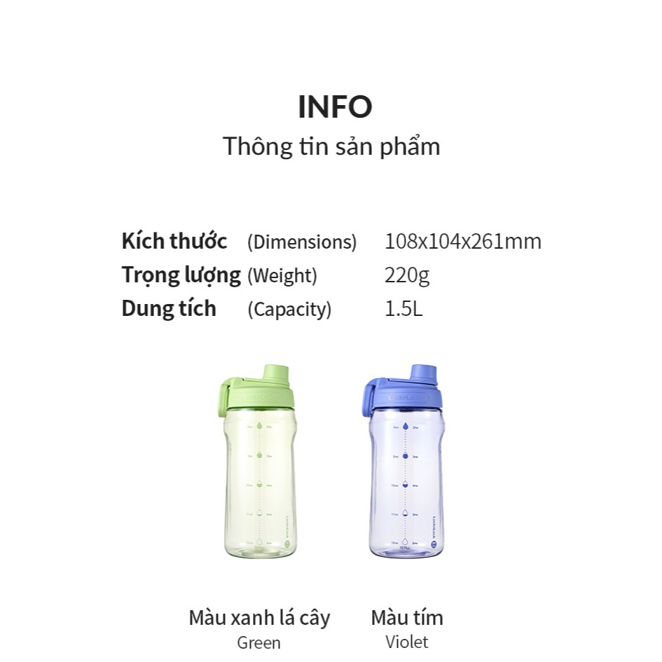 Bình nước LocknLock 1.5L Vạch Chia Thời Gian Tiện Lợi Màu Xanh, Tím Hãng Chính HAP941 - T2C | BigBuy360 - bigbuy360.vn