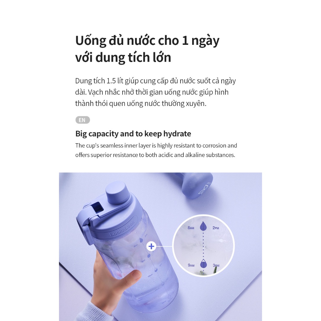 Bình nước LocknLock 1.5L Vạch Chia Thời Gian Tiện Lợi Màu Xanh, Tím Hãng Chính HAP941 - T2C | BigBuy360 - bigbuy360.vn