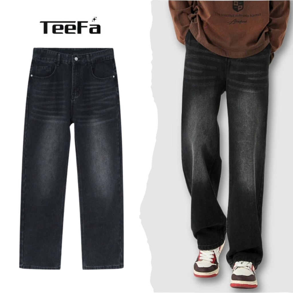 Quần Jean Suông Rộng Nam Teefa - Quần Bò Ống Đứng, Chất Denim Dày Dặn, Màu Đen Wash, Đa Dạng Đủ Size