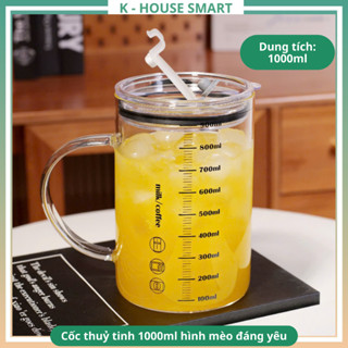  Cốc thuỷ tinh 1000ml hình mèo đáng yêu K House Smart có nắp và ống hút chịu nhiệt dùng cho trà sữa cà phê nước ép 