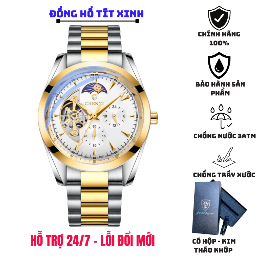 Đồng hồ cơ nam đẹp Automatic chính hãng CHENXI, sang trọng lịch lãm, mặt kính sapphire