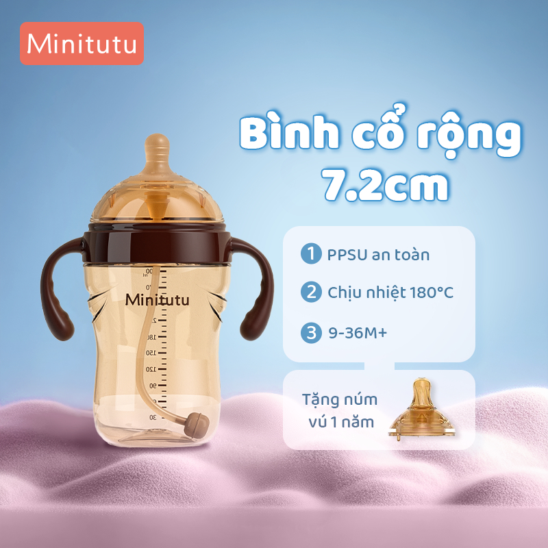  Bình Sữa Minitutu PPSU 300ml – Cổ Rộng 7.2cm Chống Rơi Tay Cầm Tiện Lợi BPA Free 