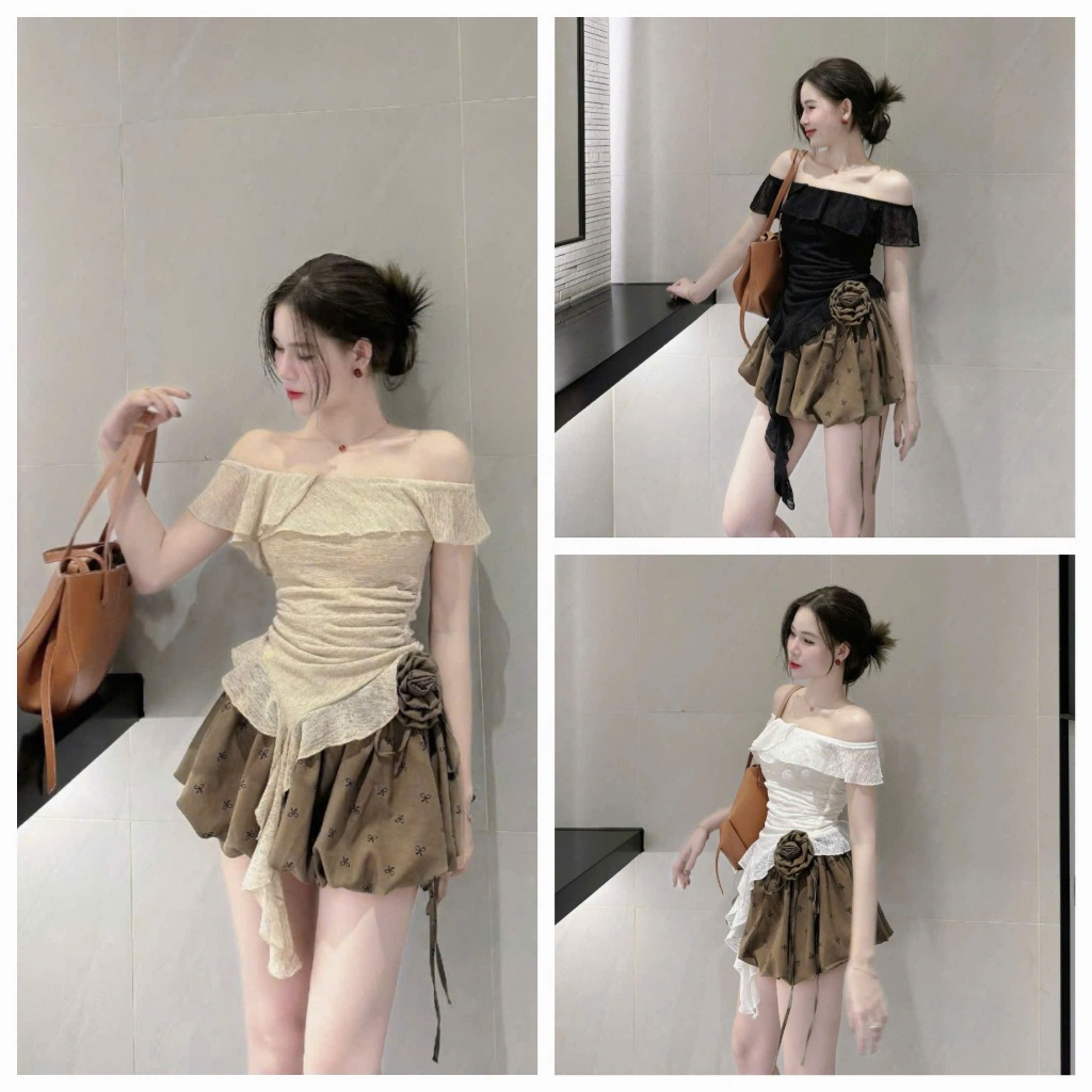  Set váy thiết kế áo nhũ trễ vai tua rua phối chân váy bí bồng họa tiết nơ nhí đính hoa 3 màu sang chảnh đi tiệc đi chơi 