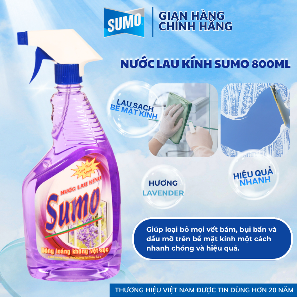 Nước Lau Kính Sumo 800ml Hương Lavender, Lau Kính Ô Tô, Lau Kính Bàn Ăn, Kính Hai Mặt Hồ Cá