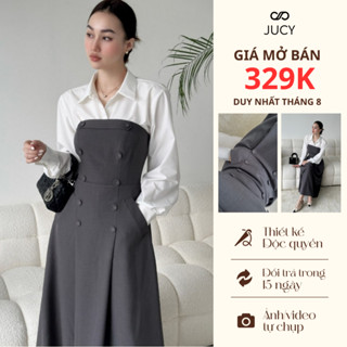 Váy yếm phối sơ mi JUCY vải xước Hàn kiểu dáng dài thanh lịch, sang trọng đi chơi đi làm - B52