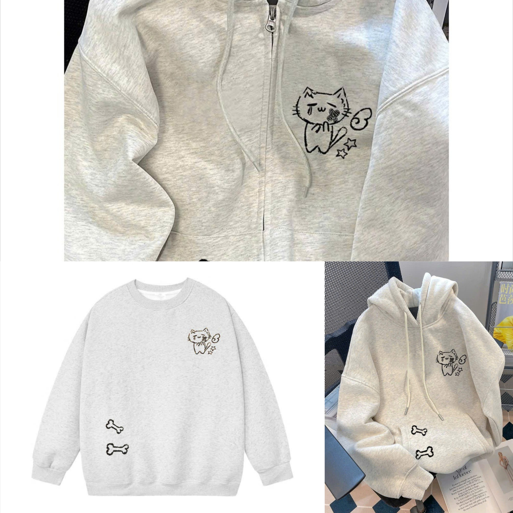 Áo khoác ngoài nữ logoMèo Khóc In Xương Túi from rộng 60kg-Áo khóa nỉ in chữ from rộng 38-60kg