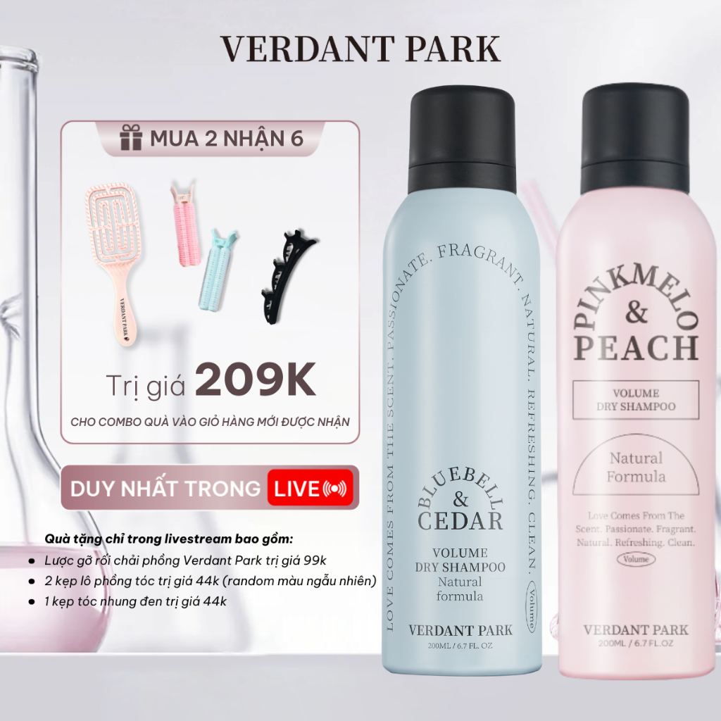 Combo 2 chai xịt khô phồng tóc VERDANT PARK 200ml dầu gội khô kiềm dầu Pinkmelo Peach Bluebell Cedar Verdantpark COMBO37