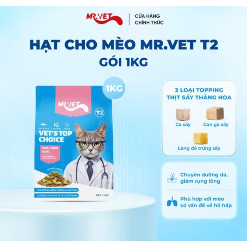 [MRVET] Thức Ăn Cho Mèo MRVET T2 Gói 1KG Tăng Cường Omega 3 Chăm Da Dưỡng Lông Cho Mèo Mọi Lứa Tuổi 
