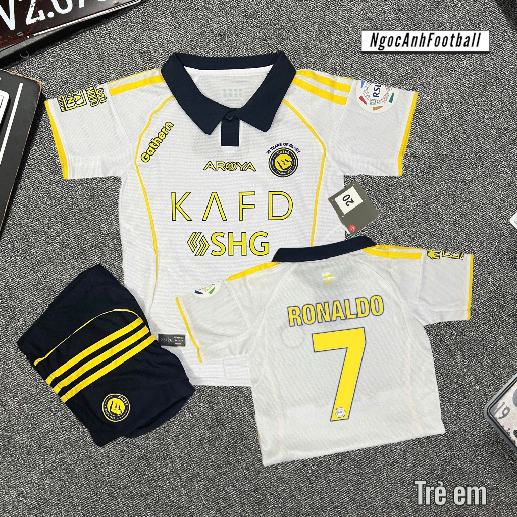 Áo đấu bóng đá trẻ em Al Nassr sân khách 2025 - Ronaldo 7 | Bộ quần áo bóng đá CR7 trẻ em
