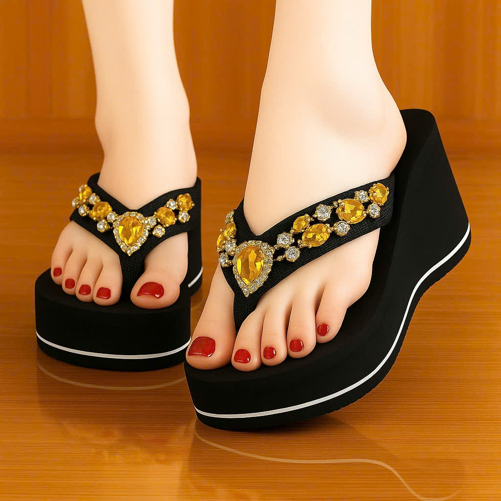 Dép kẹp xỏ ngón đính đá dây vàng siêu sang, Dép kẹp xỏ ngón đế cao 5 phân, 7 phân, 9 phân