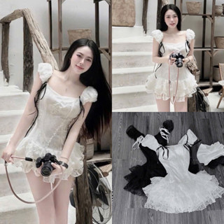  Váy Ren Tay Bồng Cúp Ngực Đính Ruy Băng Nơ Dáng Ngắn Tầng Dễ Thương 