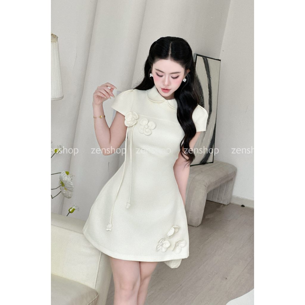 Đầm dự tiệc dáng ngắn tay phồng đính hoa 3D dáng xòe - YUMI DRESS | BigBuy360 - bigbuy360.vn