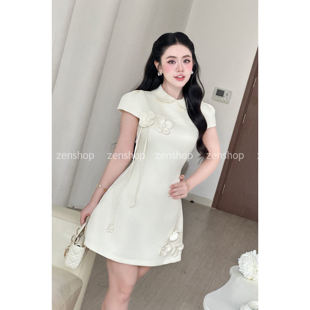 Đầm dự tiệc dáng ngắn tay phồng đính hoa 3D dáng xòe - YUMI DRESS | BigBuy360 - bigbuy360.vn
