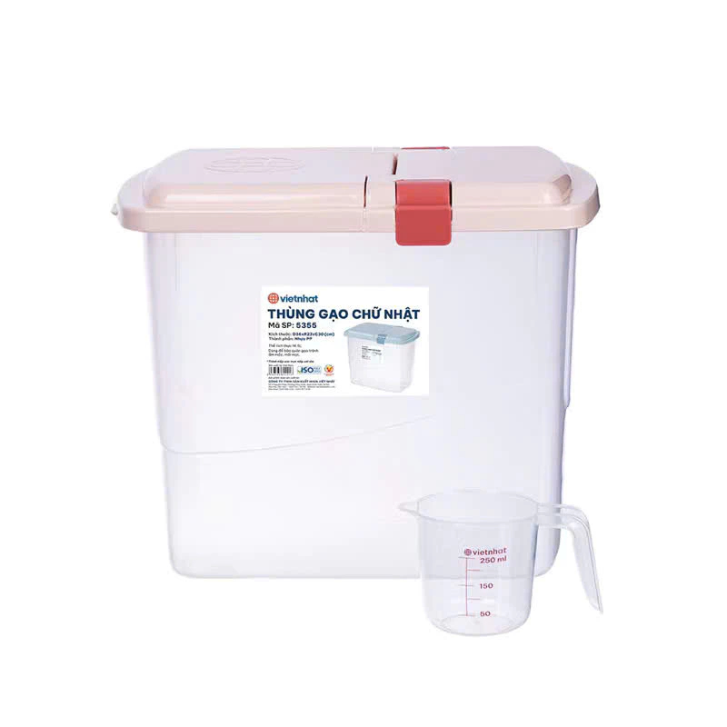Thùng gạo kèm ca đong gạo 15kg nhựa Việt Nhật. Hũ chứa để gạo có nắp kín chống côn trùng MS:5355