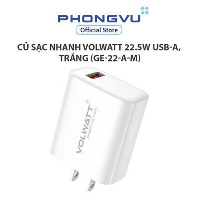 Củ sạc nhanh Volwatt 22.5W USB-A, Trắng (GE-22-A-M) - Bảo hành 24 tháng