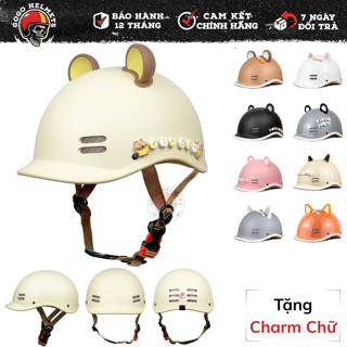 Nón bảo hiểm nửa đầu dáng cá heo màu trơn kèm phụ kiện tai gấu , charm chữ siêu hot , mũ bảo hiểm chính hãng