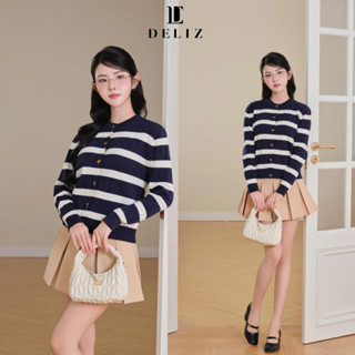   MỞ BÁN  DELIZ - Áo cardigan len dài tay cổ tròn kẻ nngang chất len lông thỏ vặn thừng cao cấp CD849 