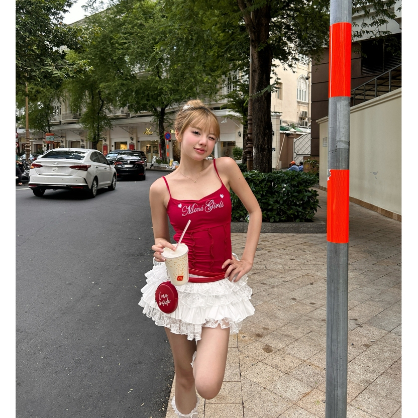 Chân váy nữ MONÁ nhún bèo nhiều tầng vải kate phối ren hoạ tiết thêu hoa - SORA SKIRT | BigBuy360 - bigbuy360.vn