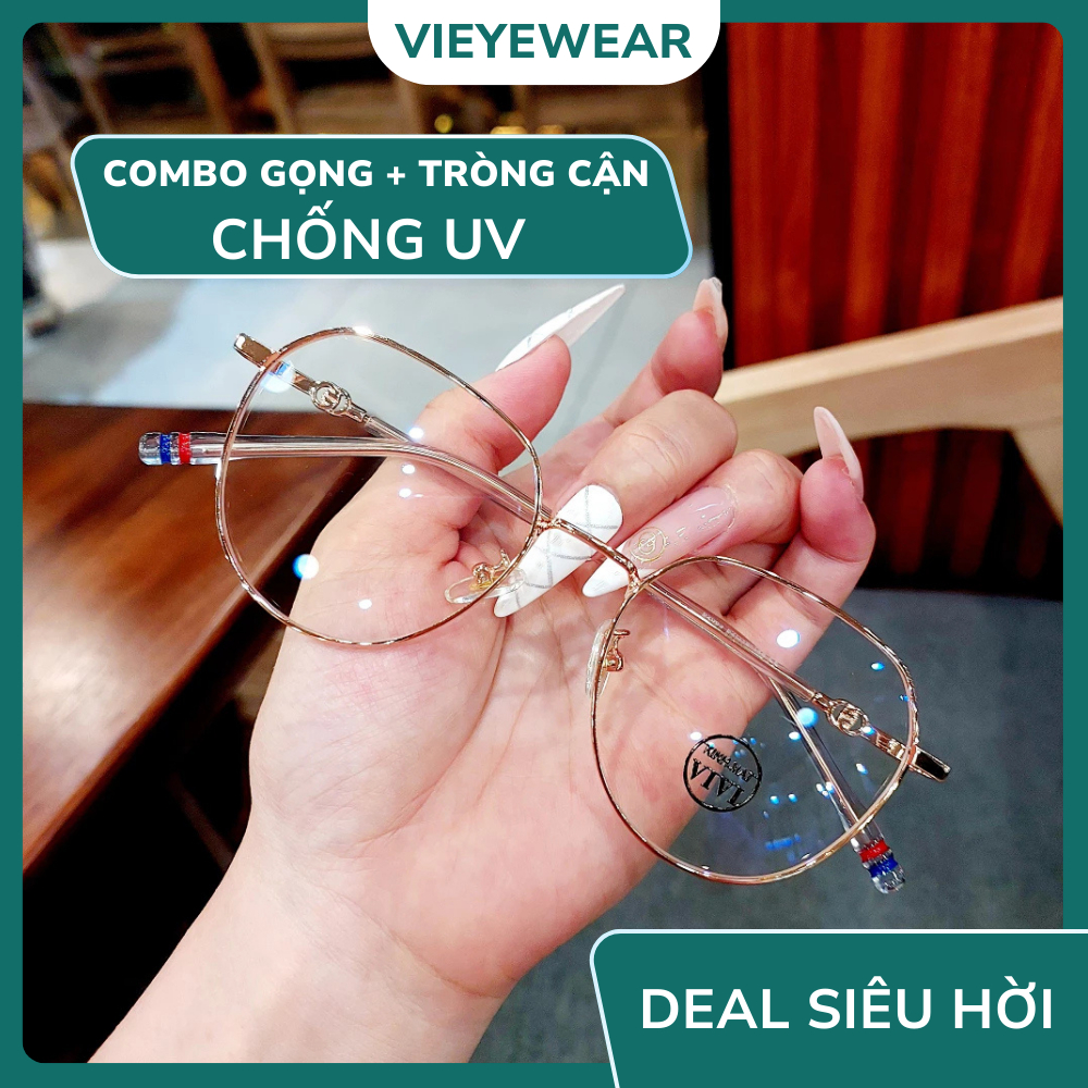 Gọng kính cận nữ oval kim loại VE15 chống ánh sáng xanh, nhận cắt cận viễn loạn Kính mắt ViVi