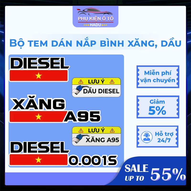 Bộ tem dán nắp bình xăng, dầu xe ô tô, tem dán xăng A95, dầu DIESEL, dầu DIESEL 0,001S