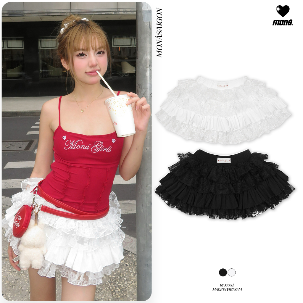Chân váy nữ MONÁ nhún bèo nhiều tầng vải kate phối ren hoạ tiết thêu hoa - SORA SKIRT | BigBuy360 - bigbuy360.vn