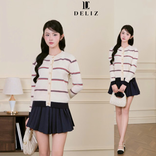 [MỞ BÁN] DELIZ - Áo khoác cardigan dài tay cổ tròn len lông thỏ mềm đóng cúc kẻ ngang phối màu cho nữ CD844