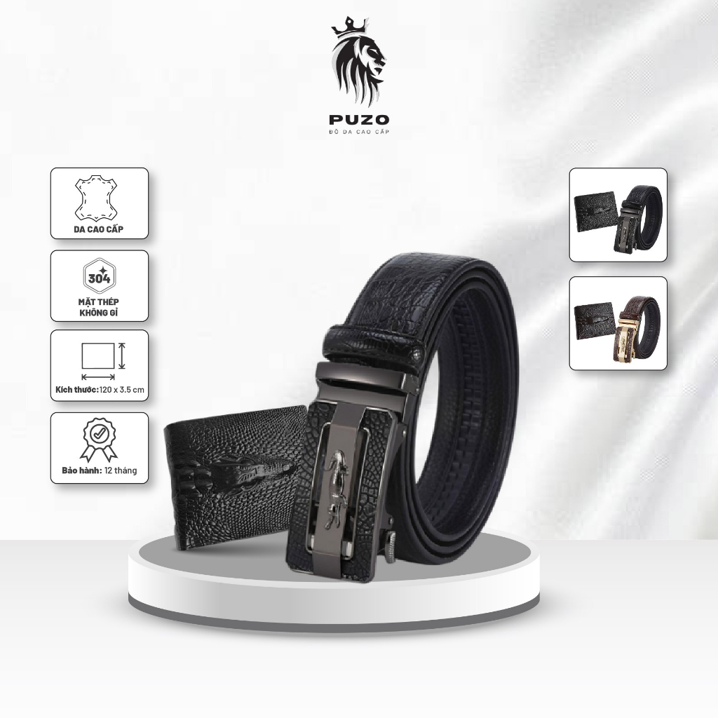 Combo Thắt Lưng & Ví Nam PUZO Họa Tiết Dập Vân, Khóa Tự Động Hợp Kim, Không Rỉ, Không Bong Tróc TL02