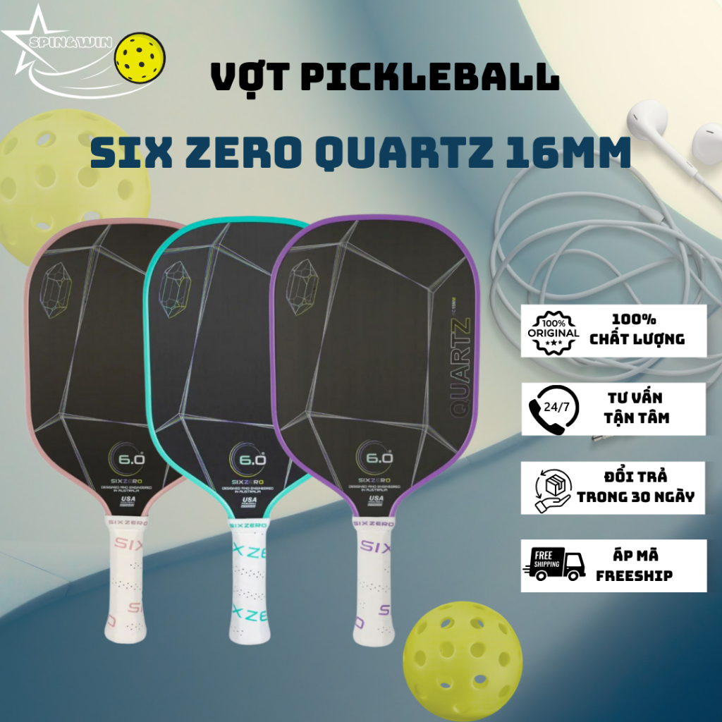 [CHÍNH HÃNG] Vợt Pickleball Six Zero Quartz 16mm – Mặt Carbon T700 Cao Cấp, Lõi Foam Core Giảm Rung,