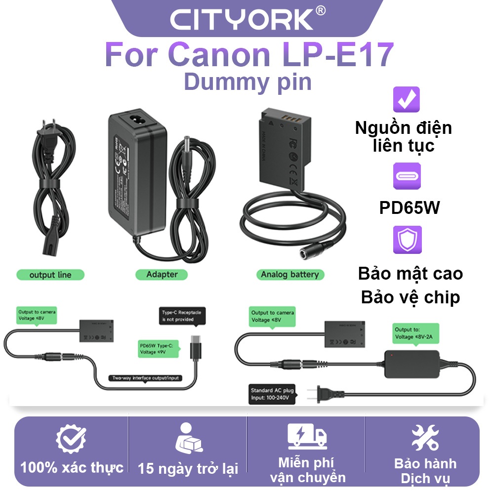 CITYORK Dummy Pin Type-C Canon LP-E17 Củ Sạc Nhanh PD 65W Cho Canon EOS R8 R10 760D 750D 800D 850D