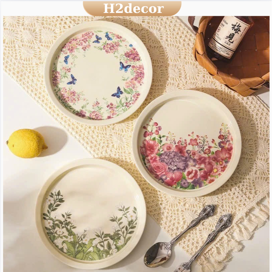 Đĩa Sứ Tròn Họa Tiết Hoa Kiểu Dáng Cổ Điển Tráng Men Cao Cấp -H2decor