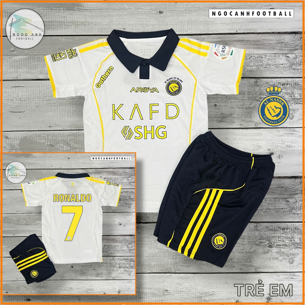 Áo bóng đá trẻ em Al Nassr sân khách 2025 - Ronaldo 7 | Bộ đồ thể thao CR7 cho trẻ em.