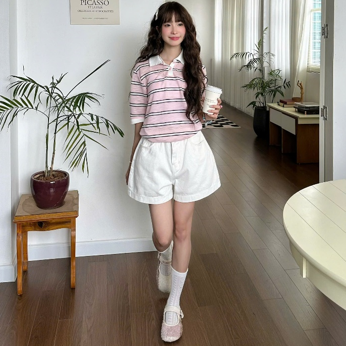 NAVIE - Áo POLO CARA  phối sọc thêu thời trang nữ