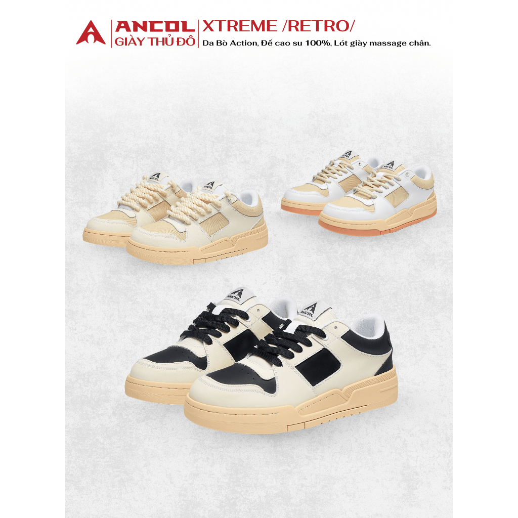 Giày Sneaker Unisex Thể Thao Ancol Xtreme Retro Blaky/ Rope/Gum Da Bò, Vải Canvas, Đế Cao Su Êm Chân