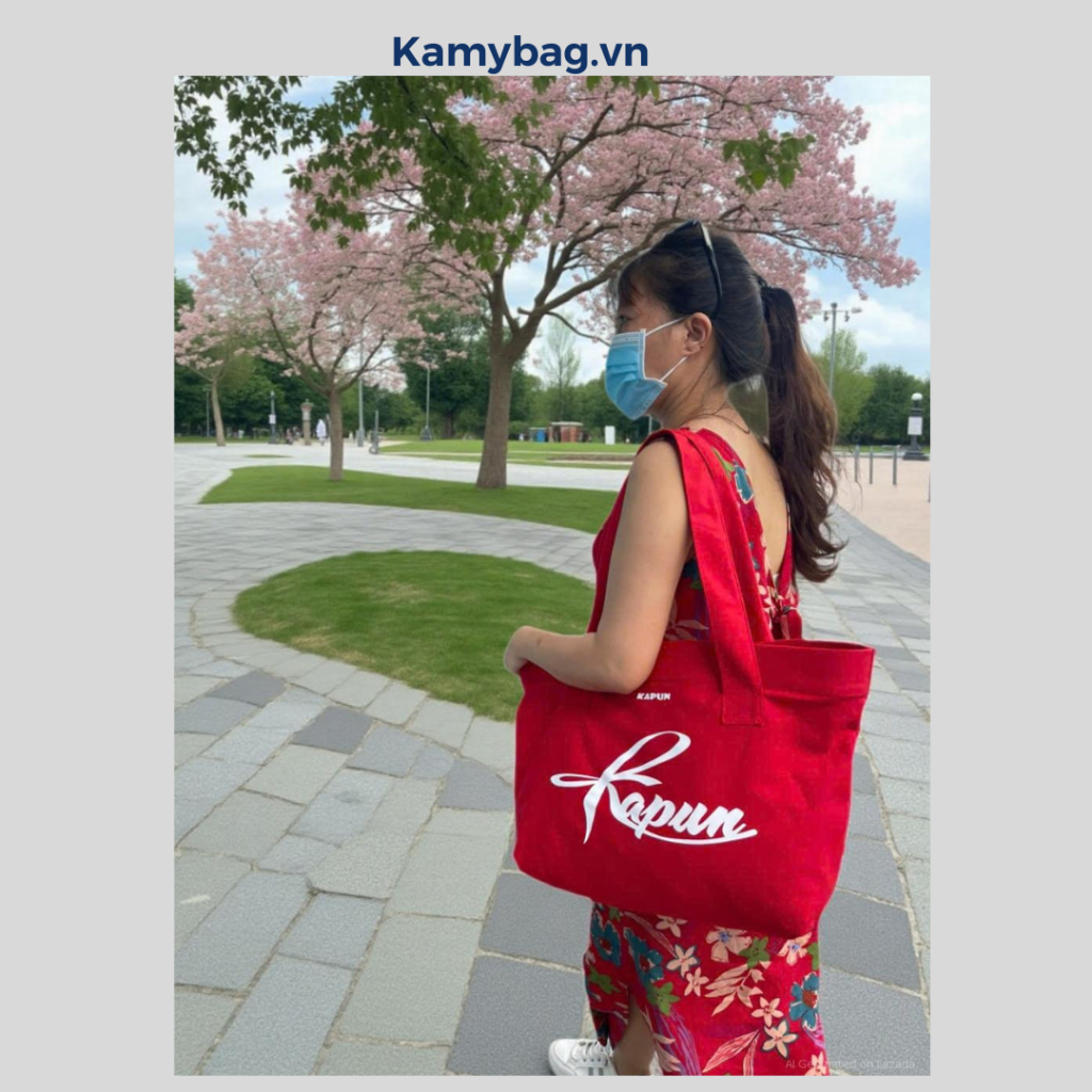 Túi Tote Vải Bố Canvas Có Dây Kéo Đeo Vai Cỡ Vừa Kamy Tote, Có Túi Con Bên Trong, Màu Đỏ Trắng Sọc Xanh Đen