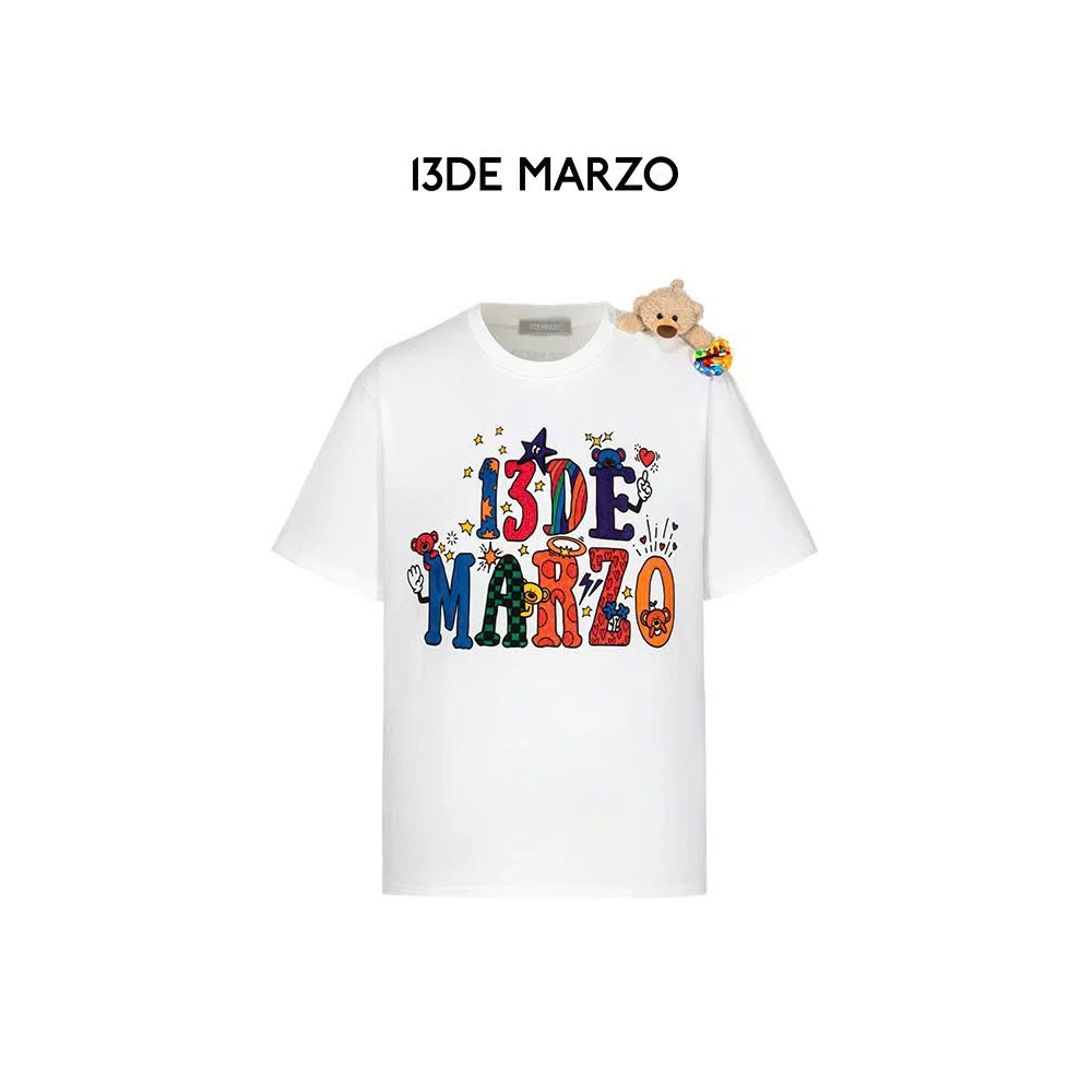 13DE MARZO Áo phông DIY Colour-Fill Cotton thời trang cổ tròn Đính gấu Teddy