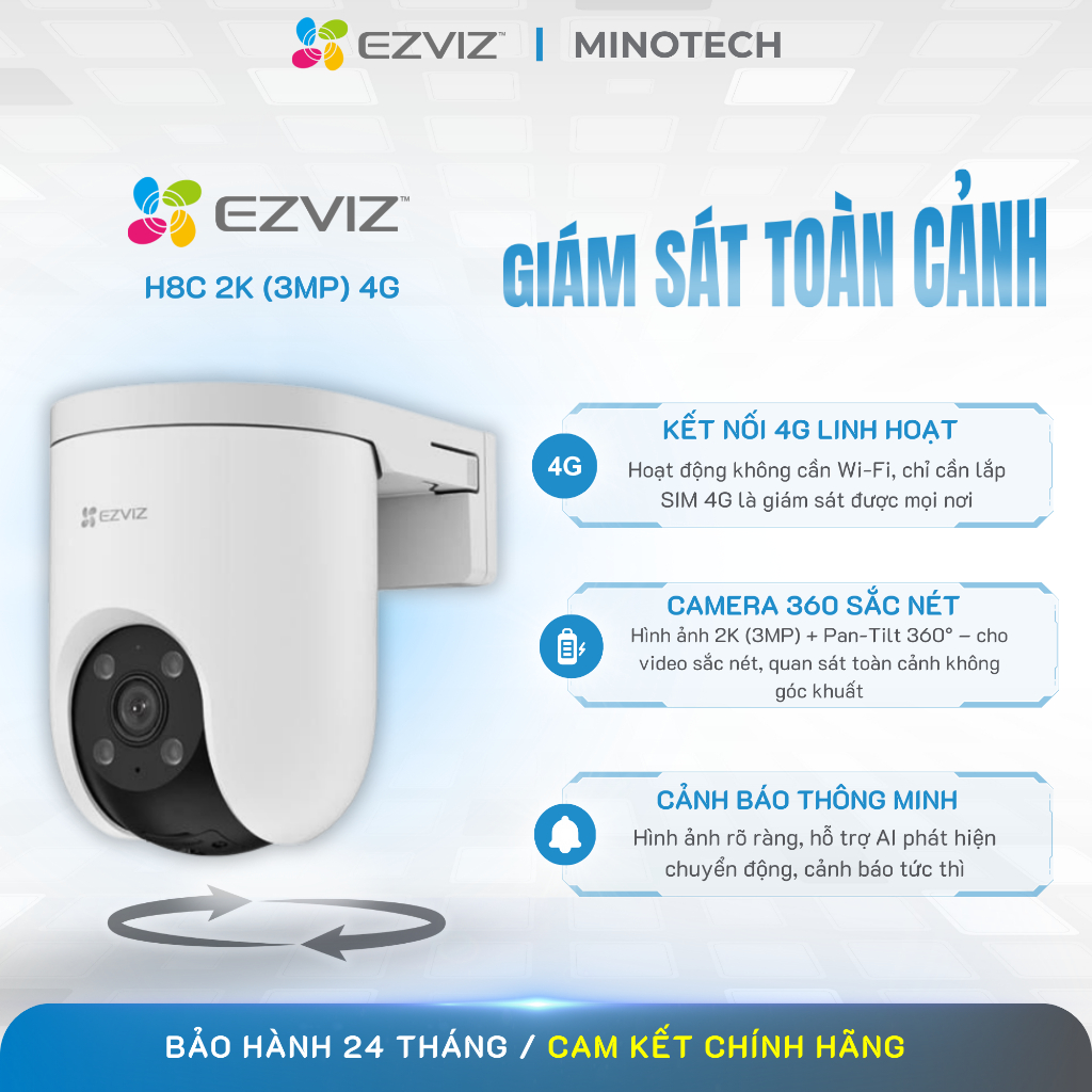 Camera EZVIZ H8c 2K (3MP) 4G – Xoay 360°, AI Thông Minh, Quan Sát Đêm 30m, Chuẩn IP66