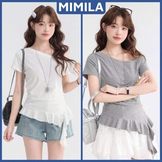  Áo Lệch Vai Nữ Viền Bèo MIMILA Trễ Vai Ngắn Tay Tua Rua Tiểu Thư Xinh Xắn Chất Thun Cotton - MA325 