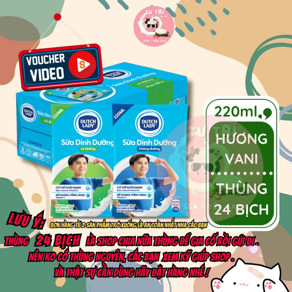 Thùng 24 Bịch Sữa DUTCH LADY Cô Gái Hà Lan 220ml. Có đường, Ít đường, Ko đường.