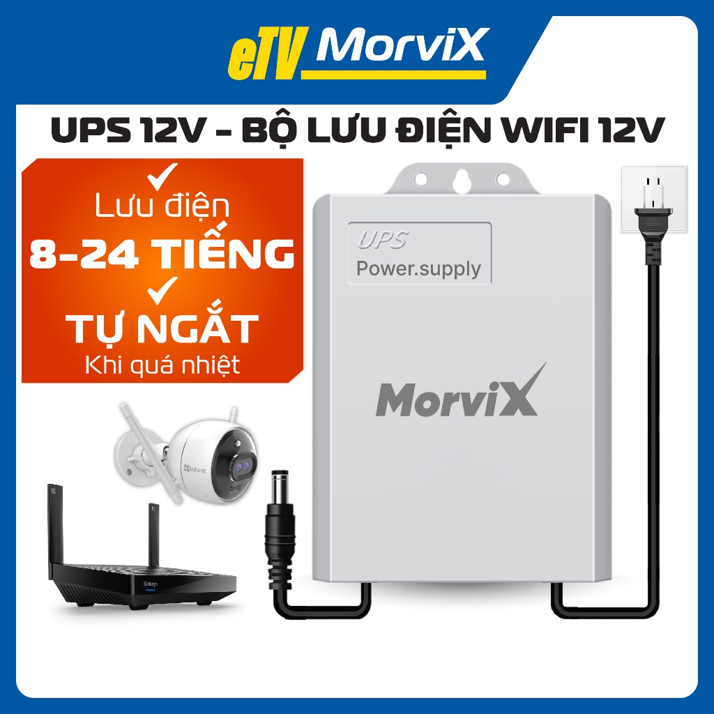 Bộ lưu điện 12V lưu điện wifi và camera ngoài trời MORVIX, ups wifi 12v trữ điện từ 8-12H