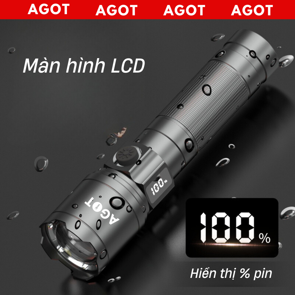 Đèn pin cầm tay siêu sáng AGOT màn hình LCD hiển thị pin, Bấc đèn nhập khẩu