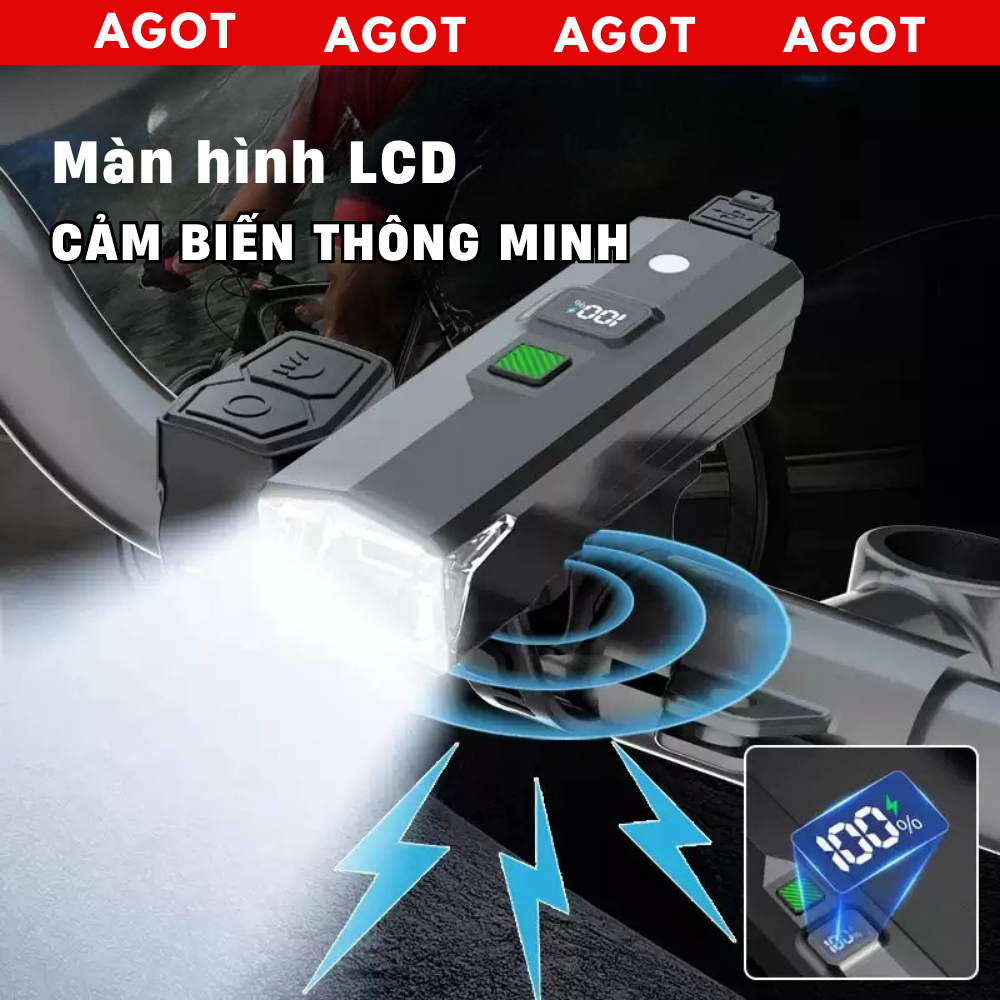Đèn xe đạp siêu sáng AGOT cảm biến thông minh, màn hình LCD, có còi, sạc type C, chống thấm nước