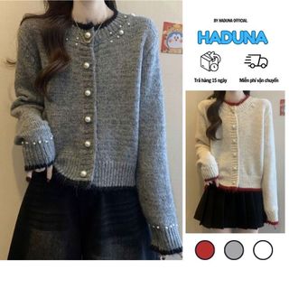  Áo Khoác Cardigan Len Lông Đính Ngọc Cổ Kín Viền Sành Điệu Thời Trang Hàn QUốc HADUNA 